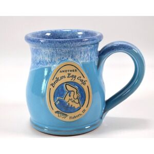 Deneen Pottery ANOTHER BROKEN EGG CAFE Coffee Cup Blue Drip Glaze Fisher, IN